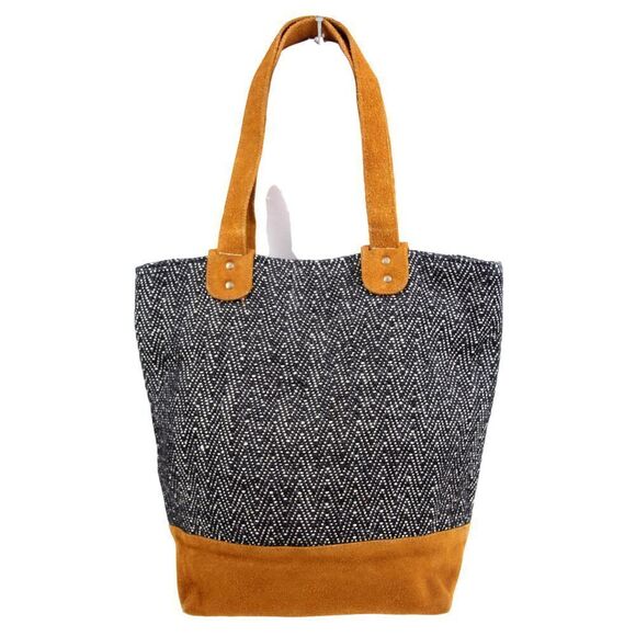 NEW SERRV GRAY COTTON TAN BROWN SUEDE TRIM HANDLES TOTE SHOULDER BAG HANDBAG - Picture 1 of 15
